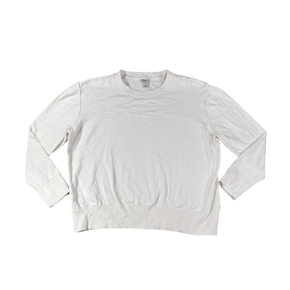 LL Bean Womens Large Cream Off White Crewneck Knit Sweater Long Sleeve Classic